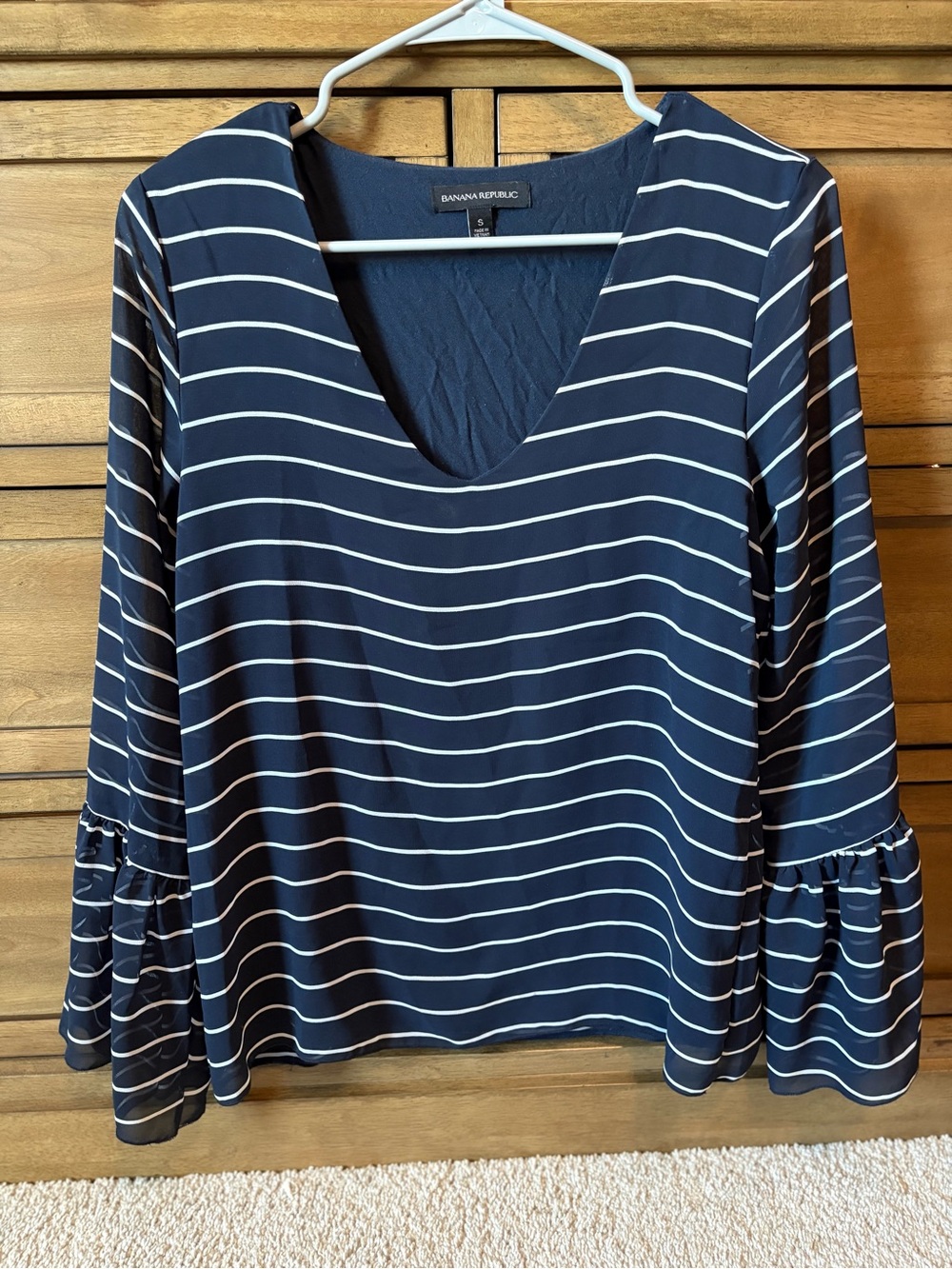 Banana Republic Navy and White Striped V-Neck Bell Sleeve Top